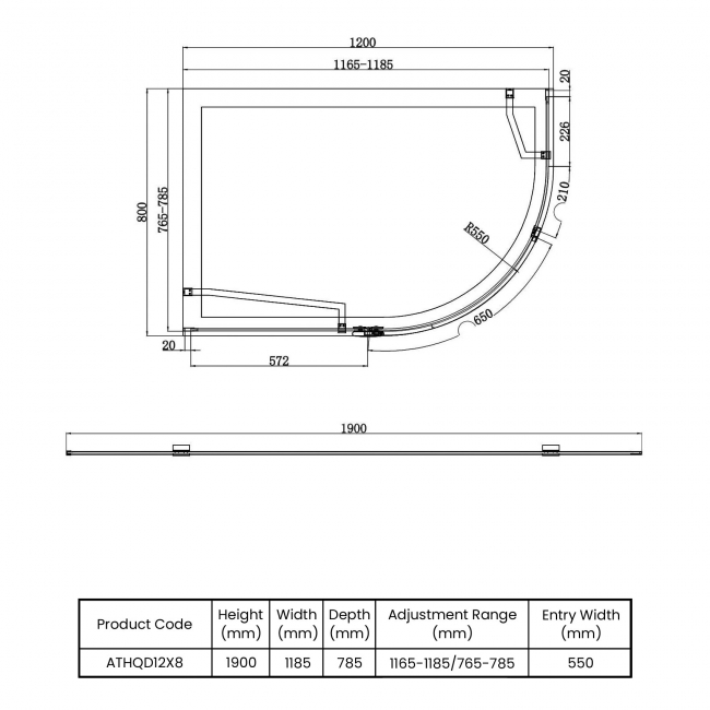 Orbit Athena Chrome Hinged Door Offset Quadrant Shower Enclosure 1200mm x 800mm - 6mm Glass  | Dimension Image