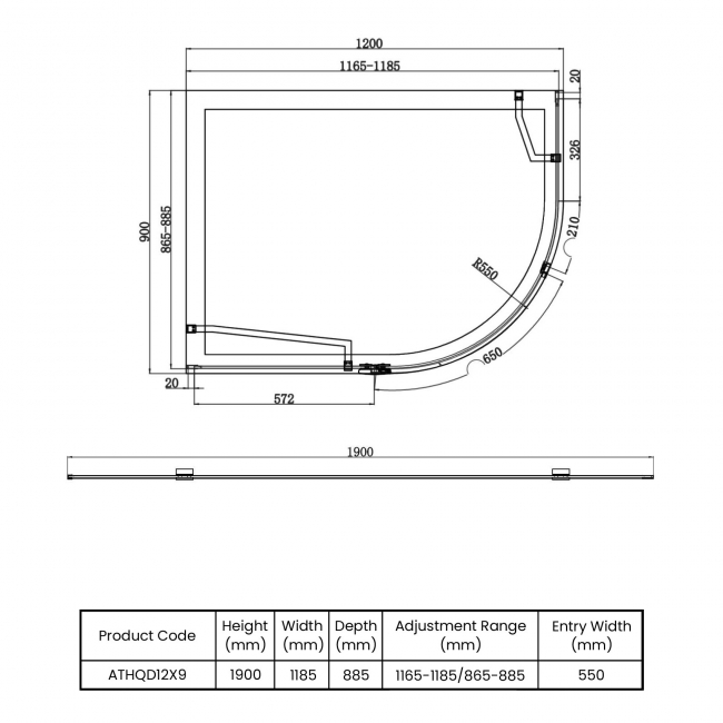 Orbit Athena Chrome Hinged Door Offset Quadrant Shower Enclosure 1200mm x 900mm - 6mm Glass  | Dimension Image