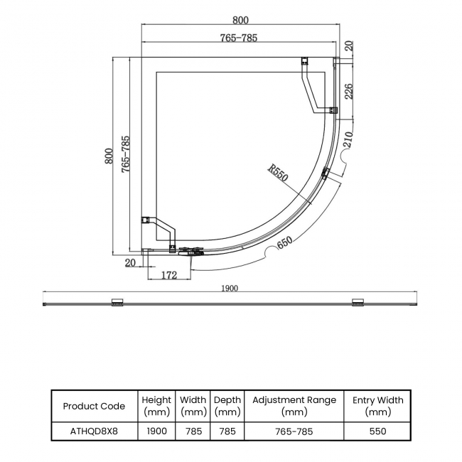 Orbit Athena Chrome Hinged Door Quadrant Shower Enclosure 800mm x 800mm - 6mm Glass  | Dimension Image