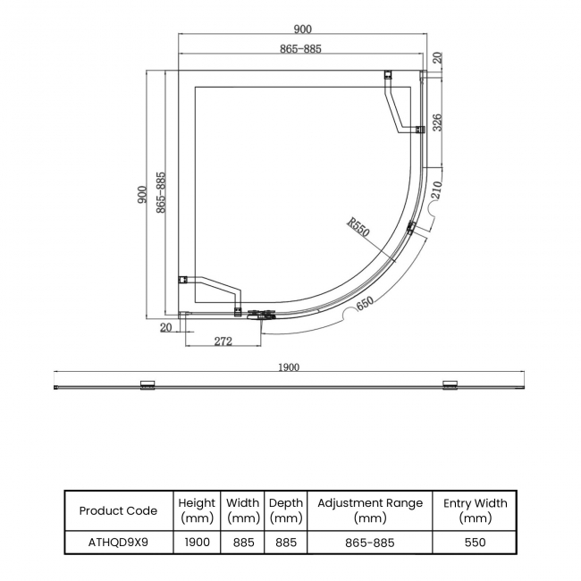 Orbit Athena Chrome Hinged Door Quadrant Shower Enclosure 900mm x 900mm - 6mm Glass