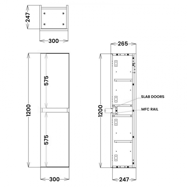 Orbit Aubrey Wall Hung 2-Door Tall Unit 600mm Wide - Davos Oak  | Dimension Image