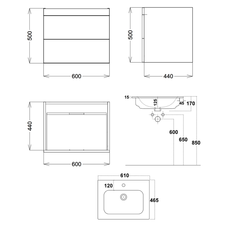 Orbit Aubrey Wall Hung 2-Drawer Vanity Unit with Basin 600mm Wide - Davos Oak  | Dimension Image