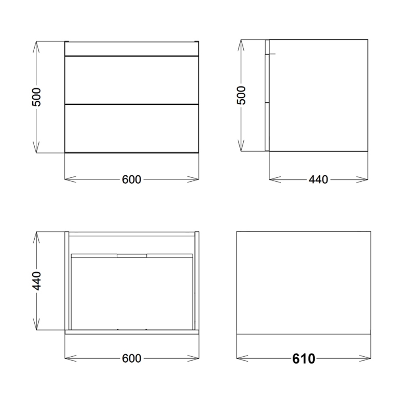 Orbit Aubrey Wall Hung 2-Drawer Vanity Unit with Carrara Worktop 600mm Wide - Dust Grey  | Dimension Image