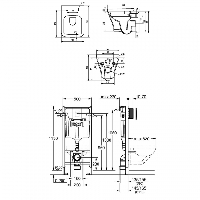 Orbit Auron Square Wall Hung Toilet 5-in-1 Bundle with Grohe Rapid SL Frame