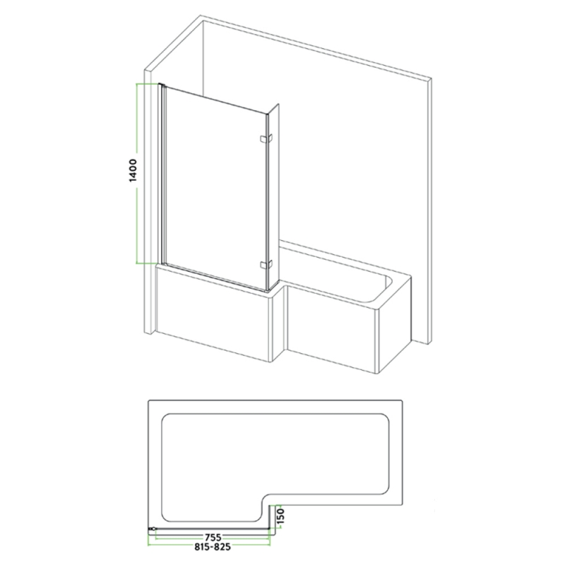 Orbit Black L-Shaped Bath Screen 1400mm H x 830mm W - 6mm Glass