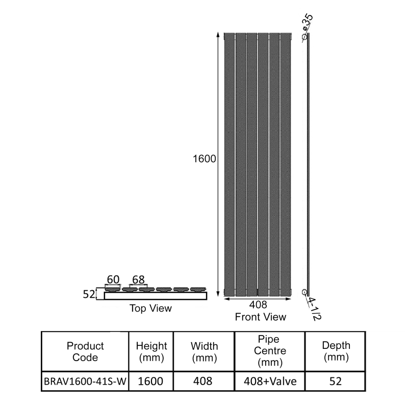 Orbit Bravo Single Designer Vertical Radiator 1600mm H x 408mm W - White