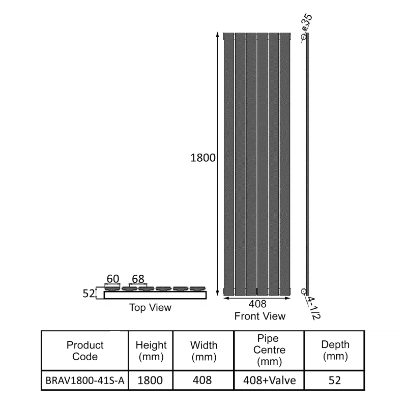 Orbit Bravo Single Designer Vertical Radiator 1800mm H x 408mm W - Anthracite