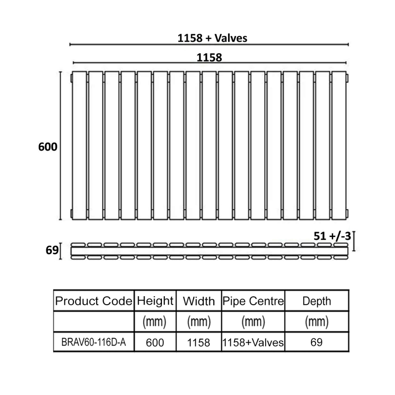 Orbit Bravo Double Designer Horizontal Radiator 600mm H x 1158mm W - Anthracite