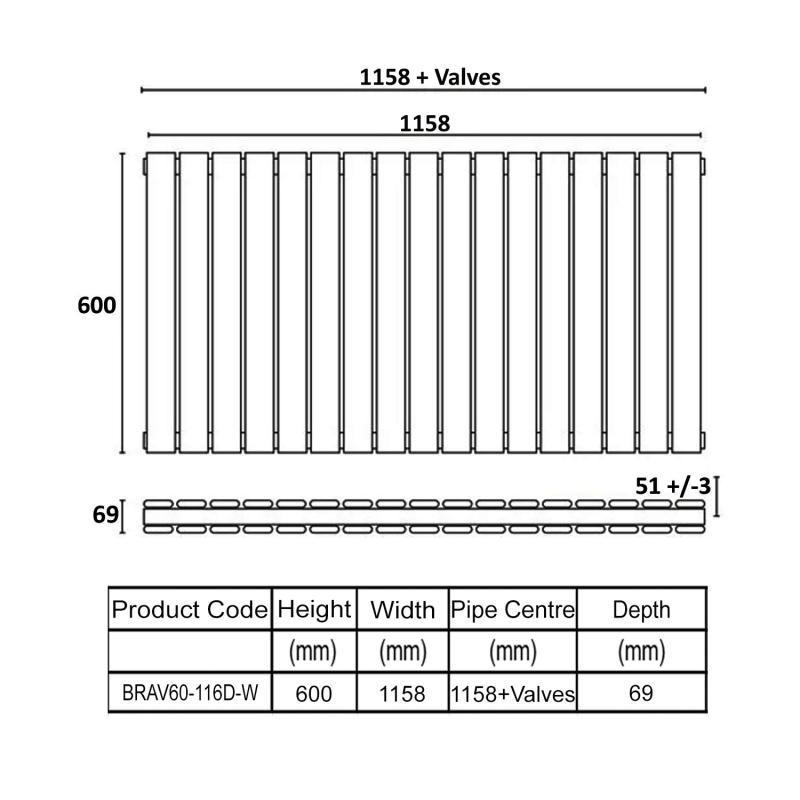 Orbit Bravo Double Designer Horizontal Radiator 600mm H x 1158mm W - White