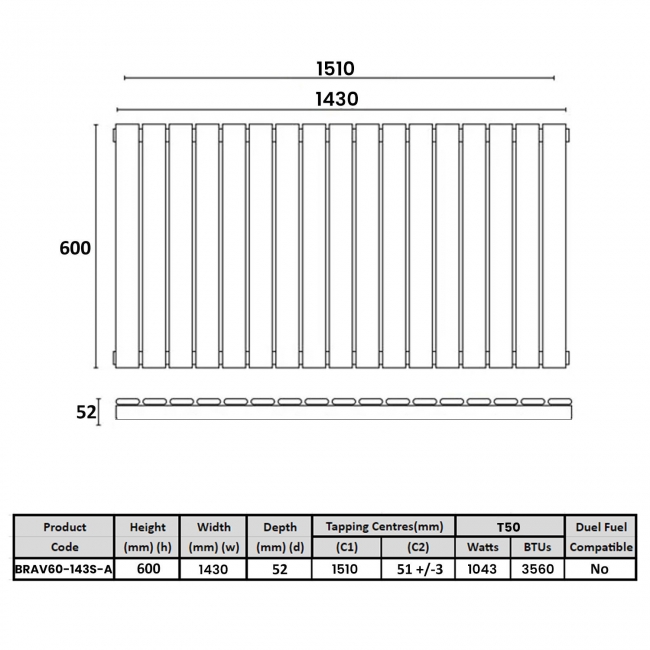 Orbit Bravo Single Designer Horizontal Radiator 600mm H x 1430mm W - Anthracite