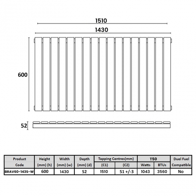 Orbit Bravo Single Designer Horizontal Radiator 600mm H x 1430mm W - White