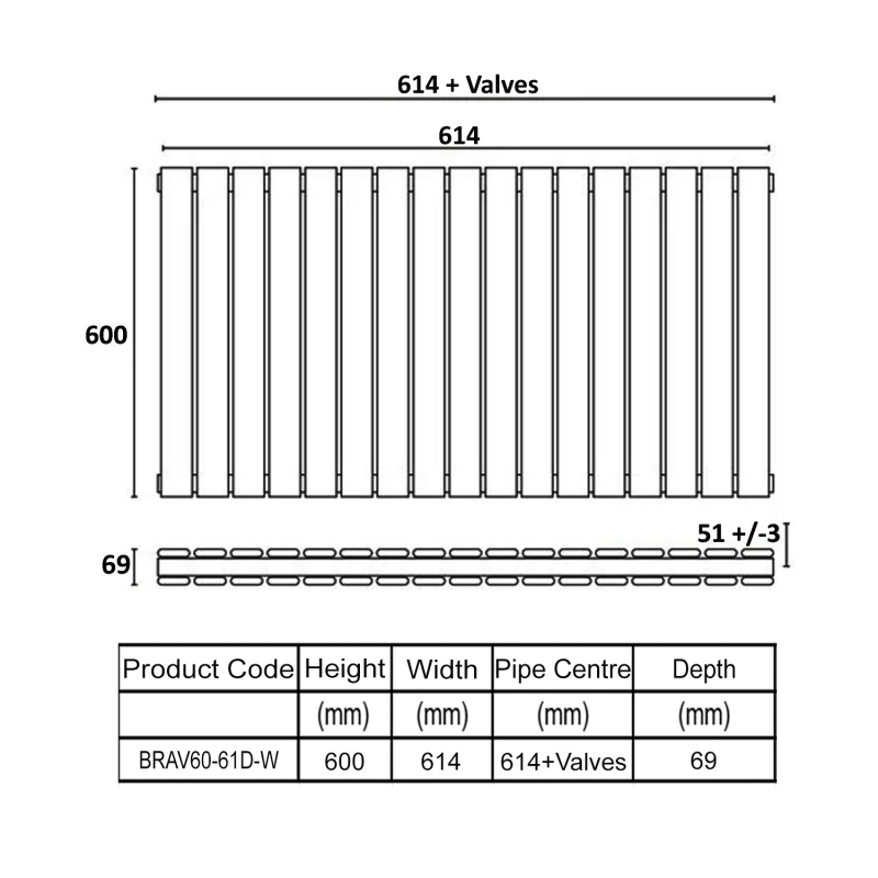 Orbit Bravo Double Designer Horizontal Radiator 600mm H x 614mm W - White