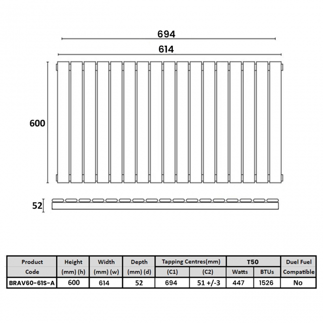 Orbit Bravo Single Designer Horizontal Radiator 600mm H x 614mm W - Anthracite