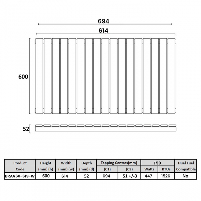 Orbit Bravo Single Designer Horizontal Radiator 600mm H x 614mm W - White  | Dimension Image