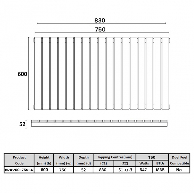 Orbit Bravo Single Designer Horizontal Radiator 600mm H x 750mm W - Anthracite