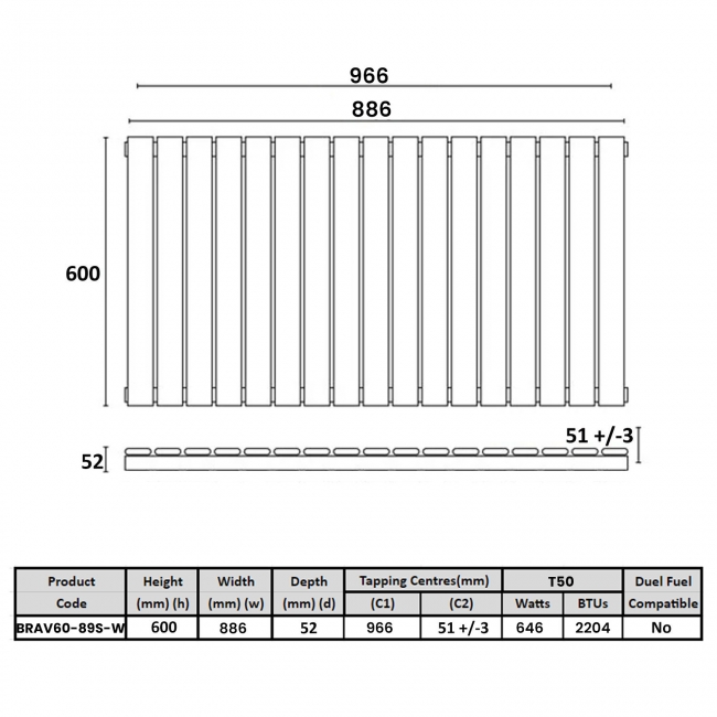 Orbit Bravo Single Designer Horizontal Radiator 600mm H x 886mm W - White