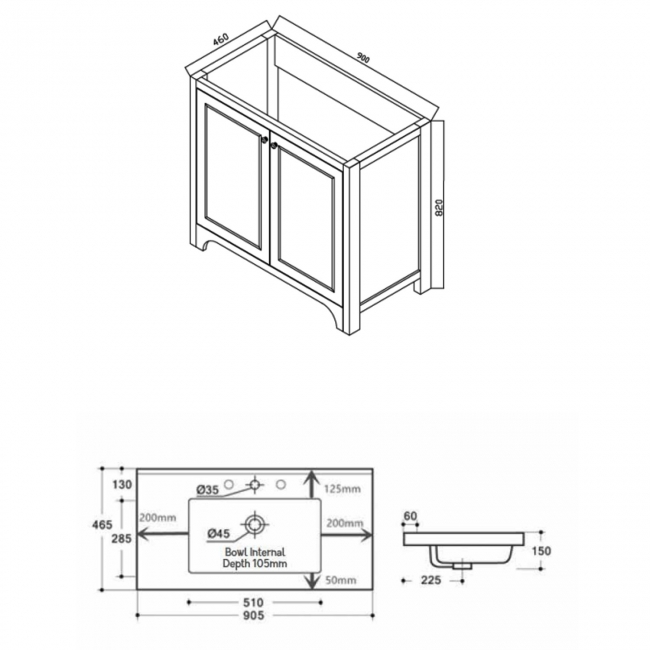 Orbit Brunswick Vanity Unit with Basin 900mm Wide - Dovetail Grey  | Dimension Image