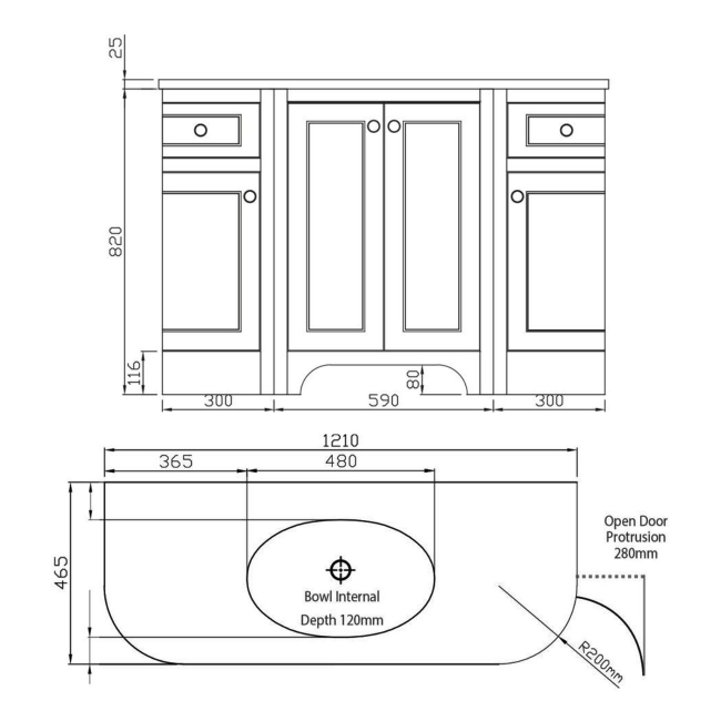 Orbit Brunswick Curved Vanity Unit 1200mm Wide - Dovetail Grey  | Dimension Image