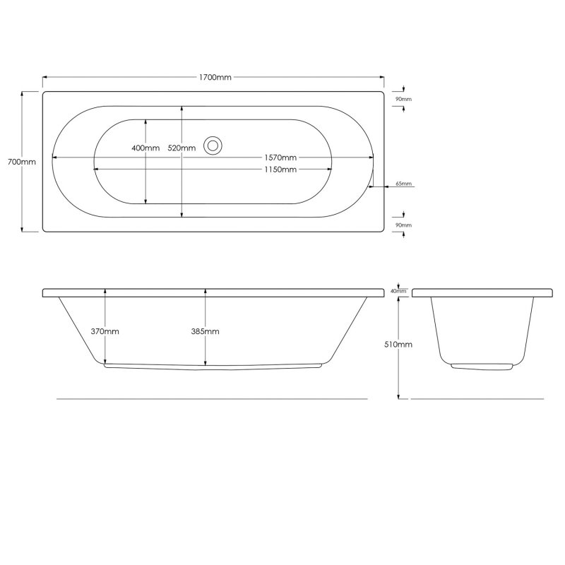 Signature Apollo Rectangular Double Ended Bath 1700mm x 700mm - 0 Tap Hole