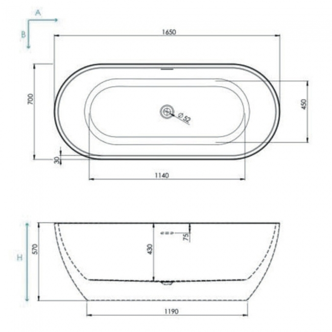 Orbit Como Freestanding Bath 1650mm x 700mm - Acrylic