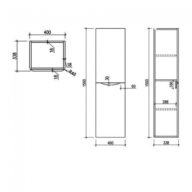 Orbit Contour Wall Hung Tall Storage Unit 400mm Wide - Gloss White  | Dimension Image