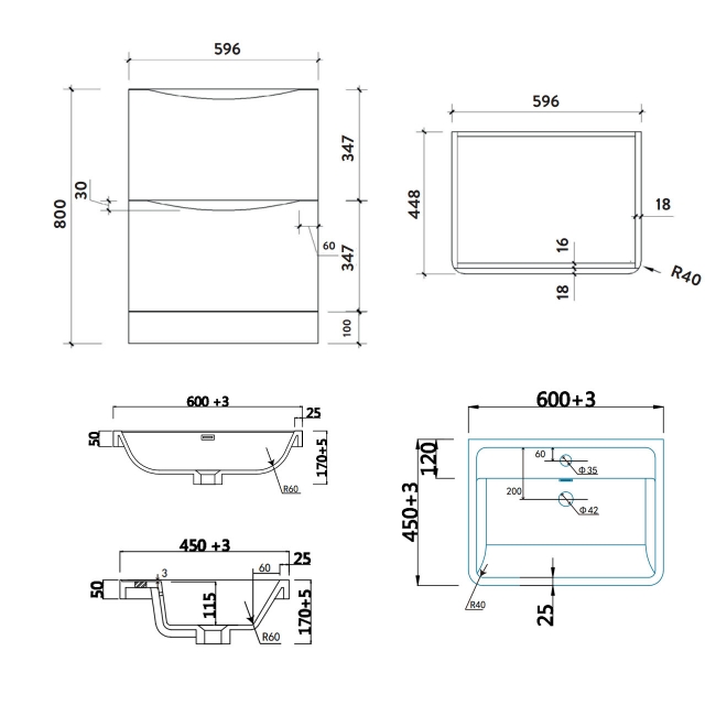 Orbit Contour Floor Standing 2-Drawer Vanity Unit with Basin 600mm Wide - Gloss White