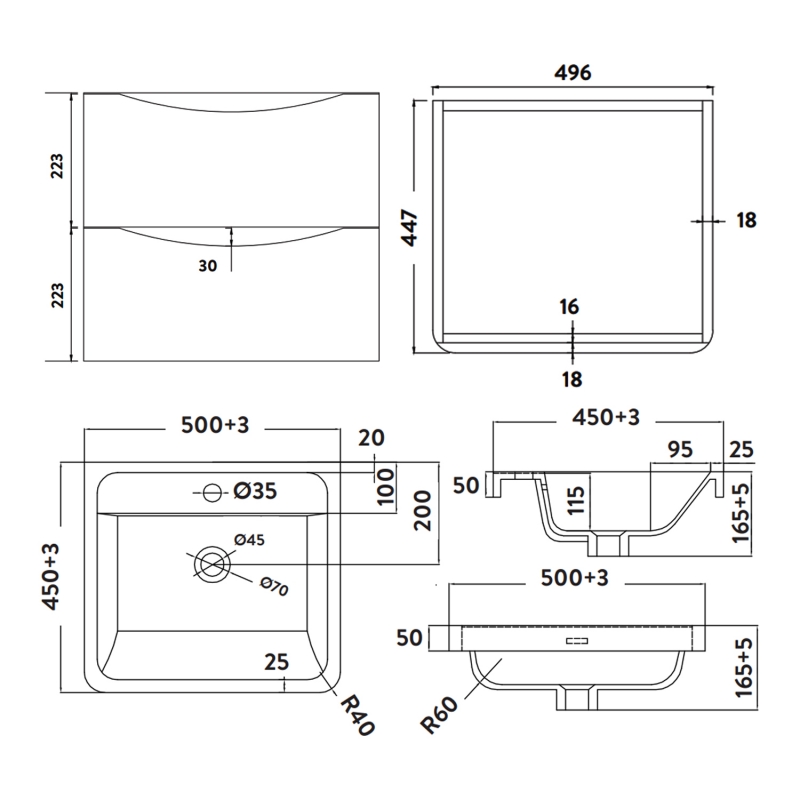 Orbit Contour Wall Hung 2-Drawer Vanity Unit with Basin 500mm Wide - Graphite Grey