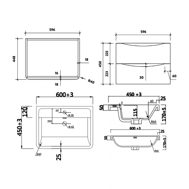 Orbit Contour Wall Hung 2-Drawer Vanity Unit with Basin 600mm Wide - Graphite Grey