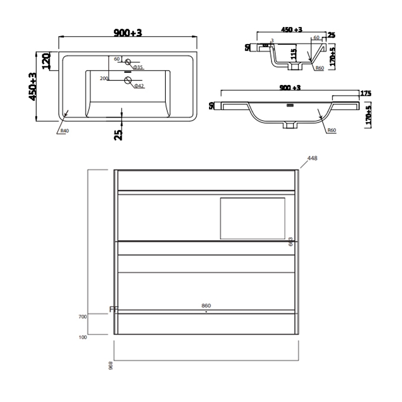 Orbit Contour Floor Standing 2-Drawer Vanity Unit with Basin 900mm Wide - Graphite Grey