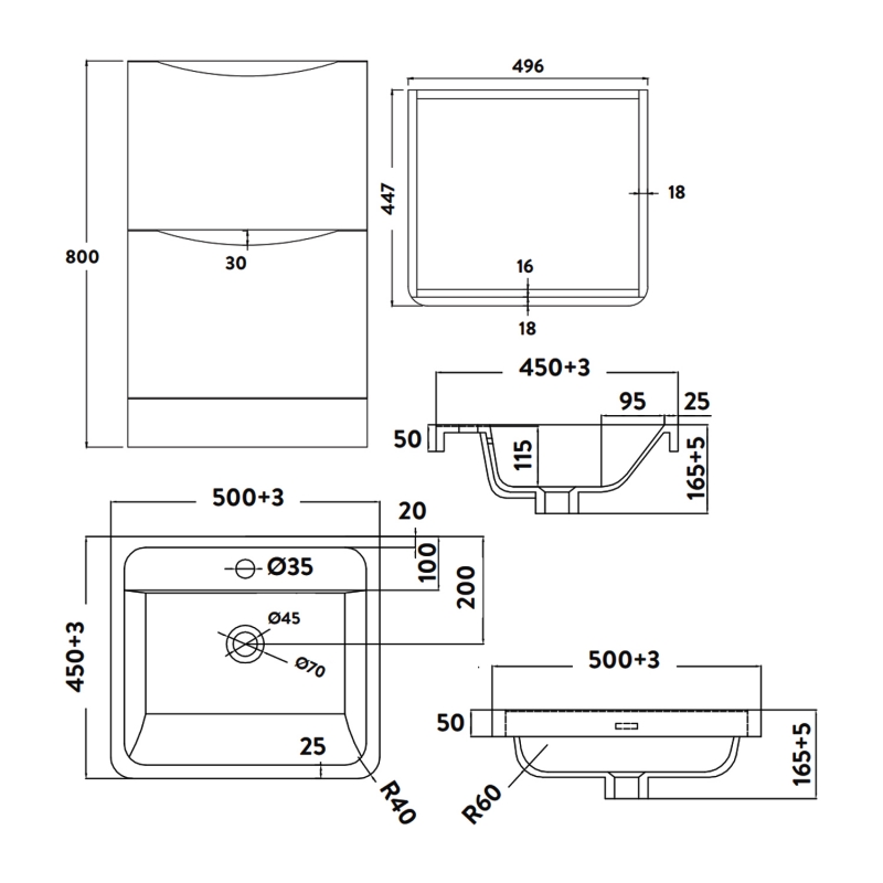 Orbit Contour Floor Standing 2-Drawer Vanity Unit with Basin 500mm Wide - Graphite Grey