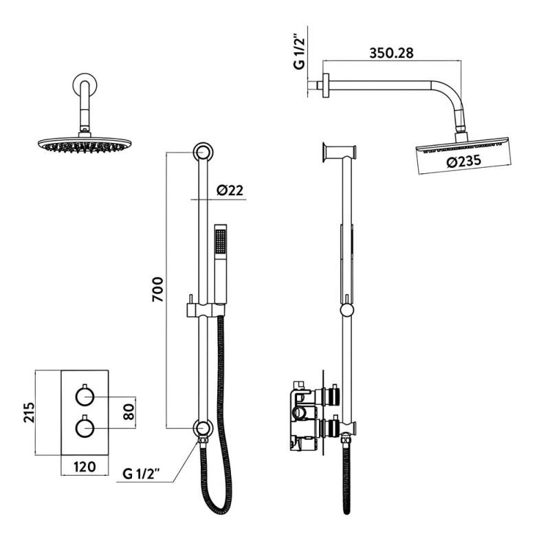 Orbit Core Thermostatic Concealed Mixer Shower with Shower Riser Kit + Fixed Shower Head - Chrome
