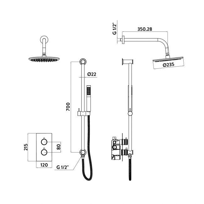 Orbit Core Thermostatic Concealed Mixer Shower with Shower Riser Kit + Fixed Shower Head - Gunmetal