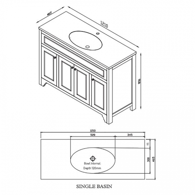 Orbit Harrogate Dutchy Vanity Units with Worktop and Basin 1200mm Wide - Dovetail Grey  | Dimension Image