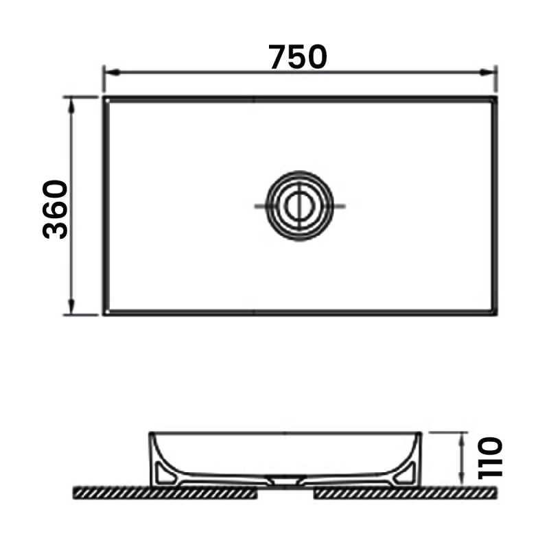 Orbit Edge Sit-On Countertop Basin with Waste Cover 750mm Wide - 0 Tap Hole