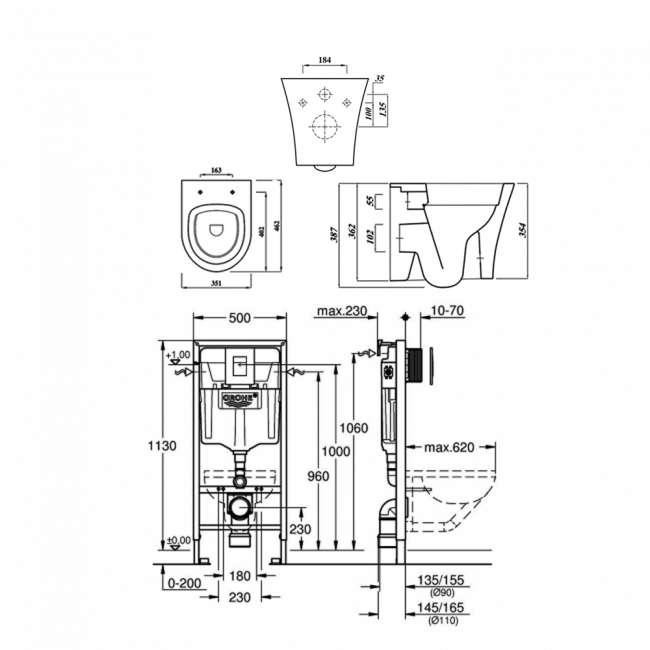 Orbit Elaris Compact Rimless Wall Hung Toilet 5-in-1 Bundle with Grohe Rapid SL Frame
