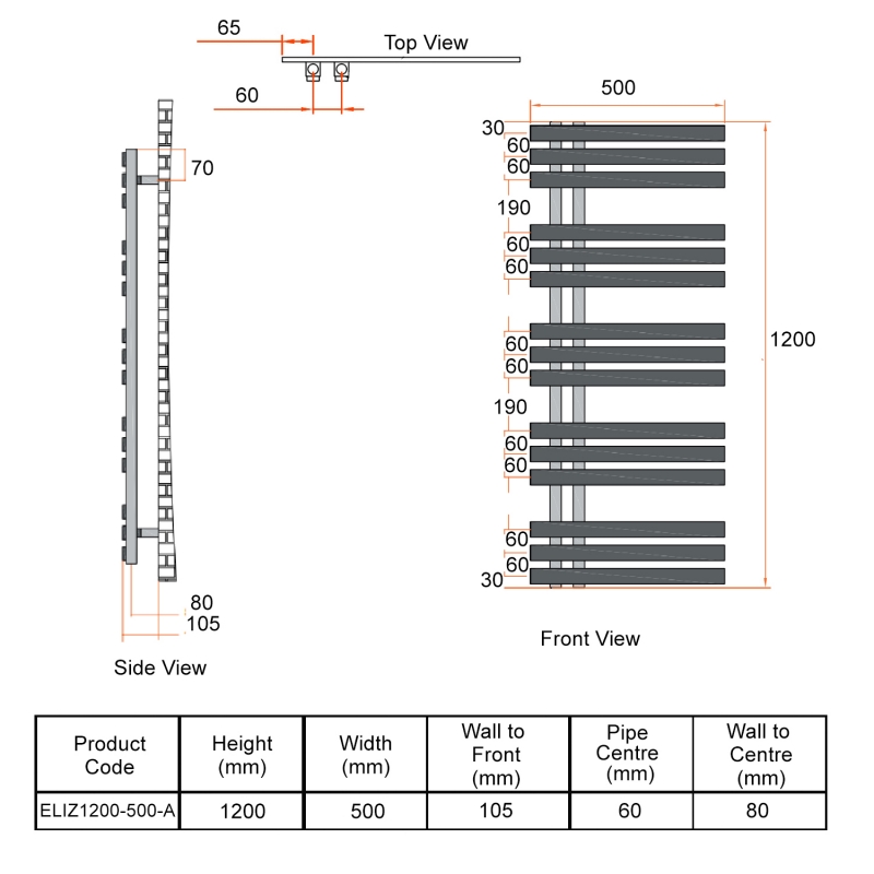 Orbit Elizabeth Designer Heated Towel Rail 1200mm H x 500mm W - Carbon Anthracite  | Dimension Image