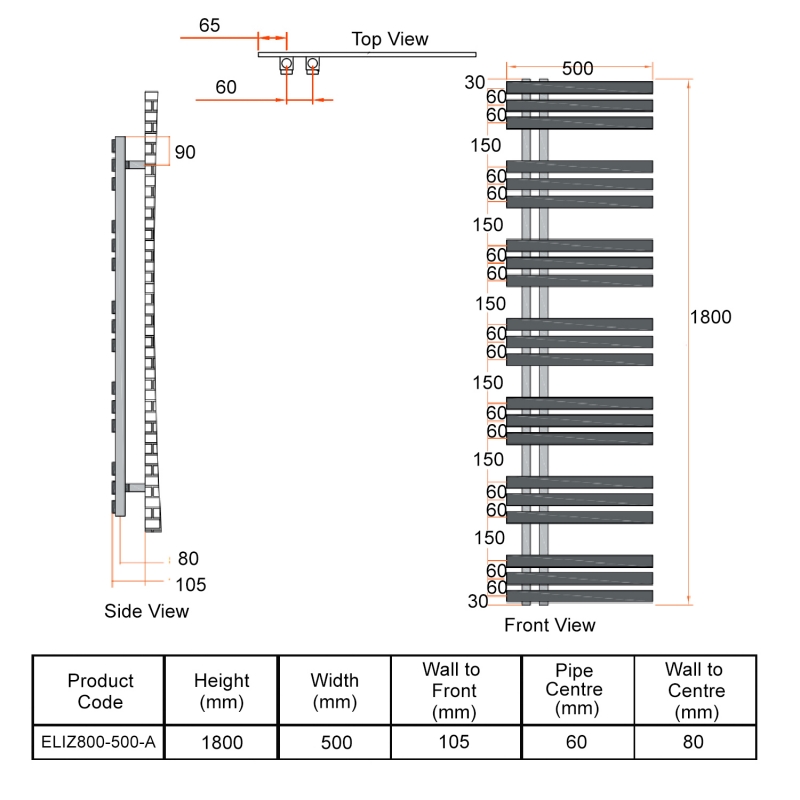 Orbit Elizabeth Designer Heated Towel Rail 1800mm H x 500mm W - Carbon Anthracite  | Dimension Image