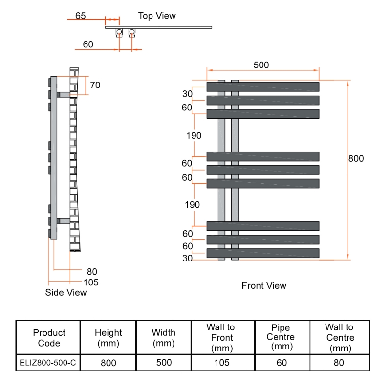 Orbit Elizabeth Designer Heated Towel Rail 800mm H x 500mm W - Chrome