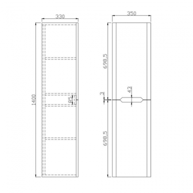 Orbit Ella Wall Hung 2-Door Tall Unit 350mm Wide - Matt Twilight Blue  | Dimension Image