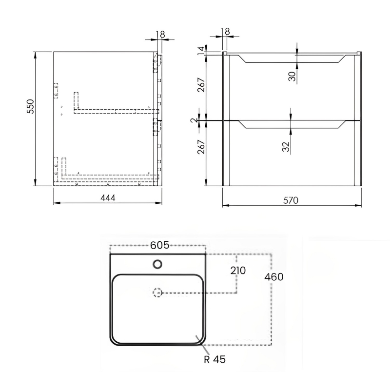 Orbit Ella Wall Hung 2-Drawer Vanity Unit with Basin 600mm Wide - Gloss White