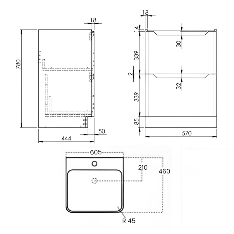 Orbit Ella Floor Standing 2-Drawer Vanity Unit with Basin 600mm Wide - Matt Twilight Blue  | Dimension Image