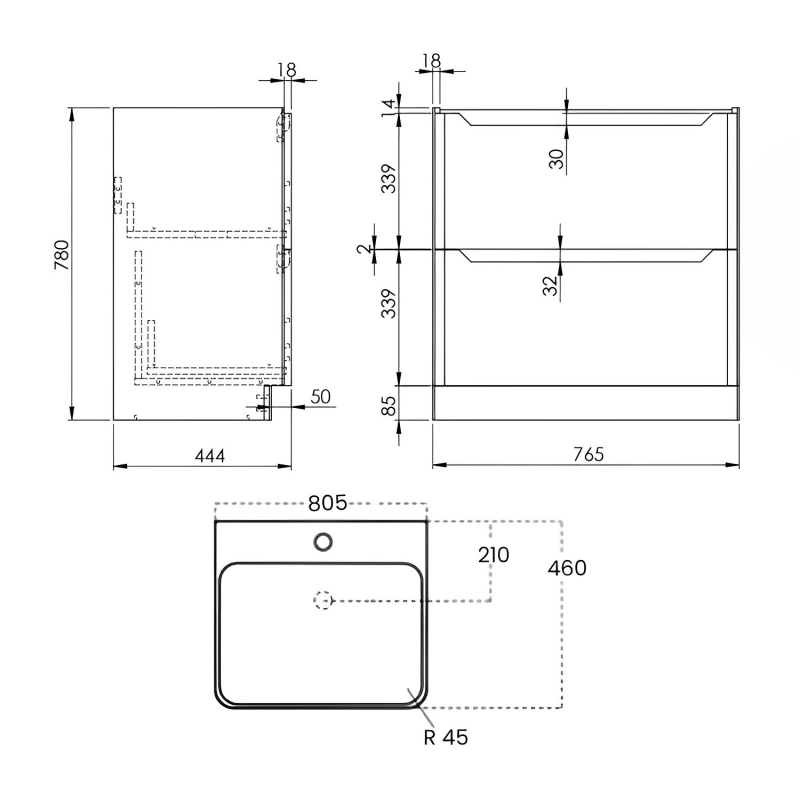 Orbit Ella Floor Standing Vanity Unit 800mm EVE015 + CURVEFURN026