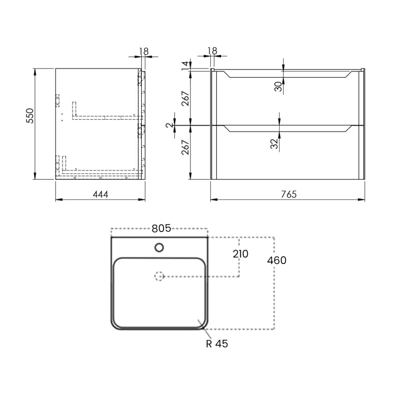 Orbit Ella Wall Hung 2-Drawer Vanity Unit with Basin 800mm Wide - Gloss White  | Dimension Image