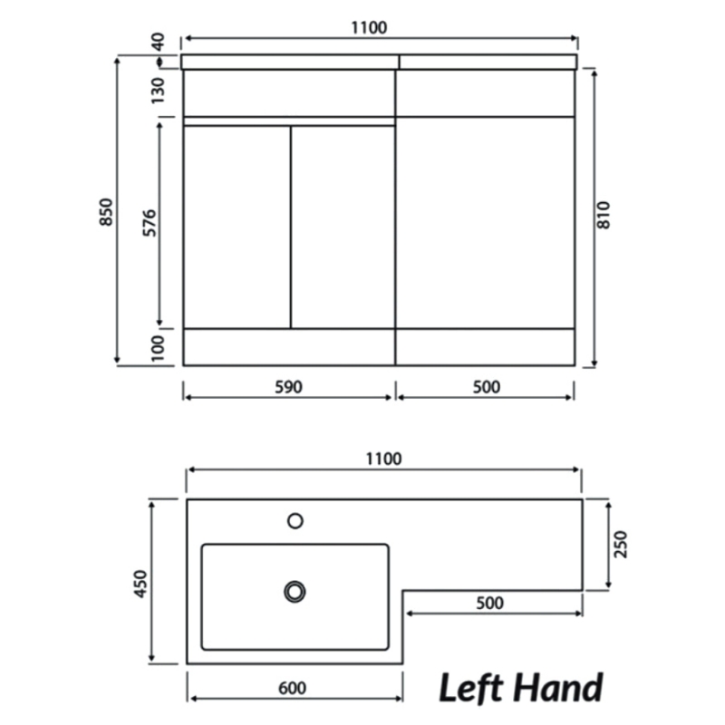 Orbit Empire LH Combination Unit with Sculptured Basin 1100mm Wide - Matte Sage Green  | Dimension Image