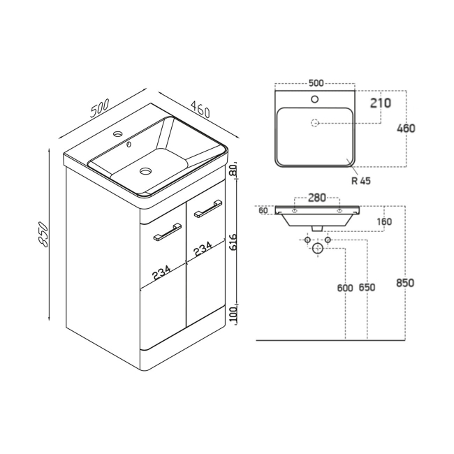 Orbit Eve Floor Standing 2-Door Vanity Unit with Basin 500mm Wide - Wolf Grey