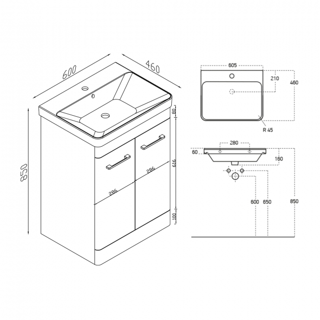 Orbit Eve Floor Standing 2-Door Vanity Unit with Basin 600mm Wide - Gloss White