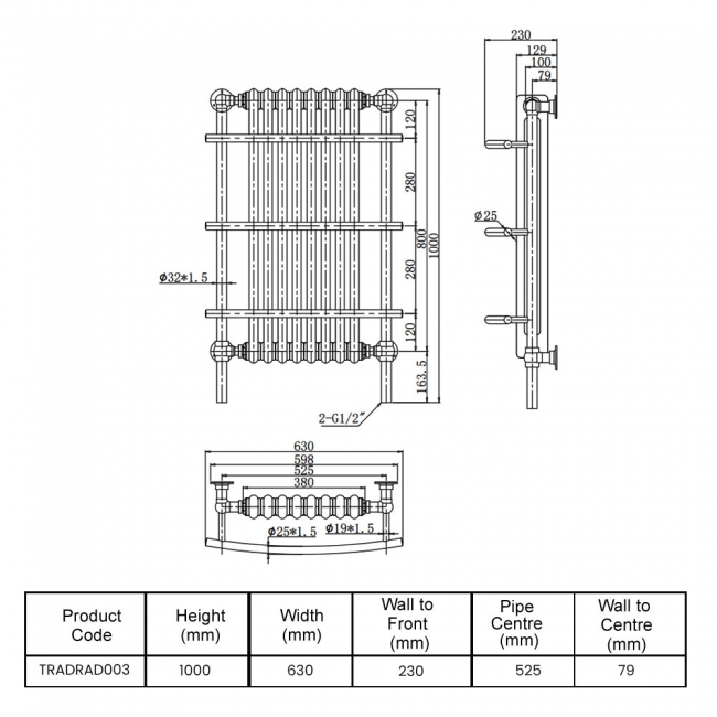 Orbit Huby Radiator Heated Towel Rail 1000mm H x 635mm W - White/Chrome