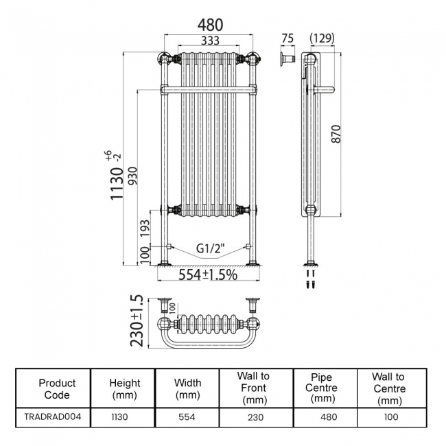 Orbit Ilkley Radiator Heated Towel Rail 1130mm H x 554mm W - White/Chrome