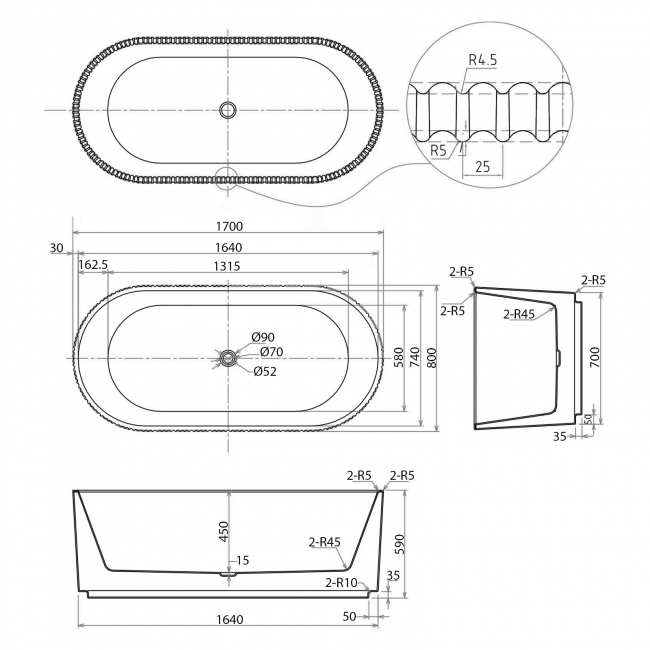 Orbit Labyrinth Fluted Freestanding Bath 1700mm x 800mm - White (inc Leg Set)