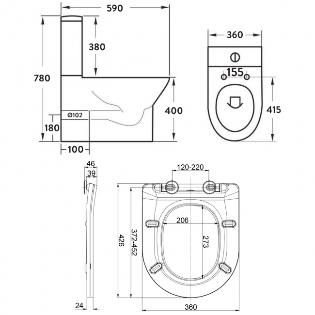 Orbit Life Fully Back to Wall Close Coupled Rimless Toilet Push Button Cistern - Soft Close Seat